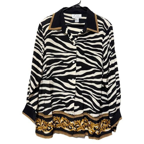 Linea Louis Dell’Olio 1X Silk Zebra Print Gold Trim Button Shirt Long Sleeve Top - Picture 1 of 11